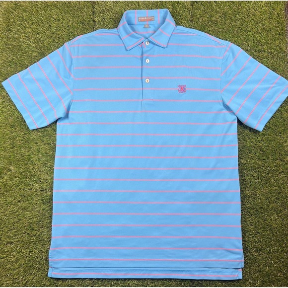 Peter Millar Summer Comfort, Baby Blue with Orange Stripes, Size M - Picture 1 of 8